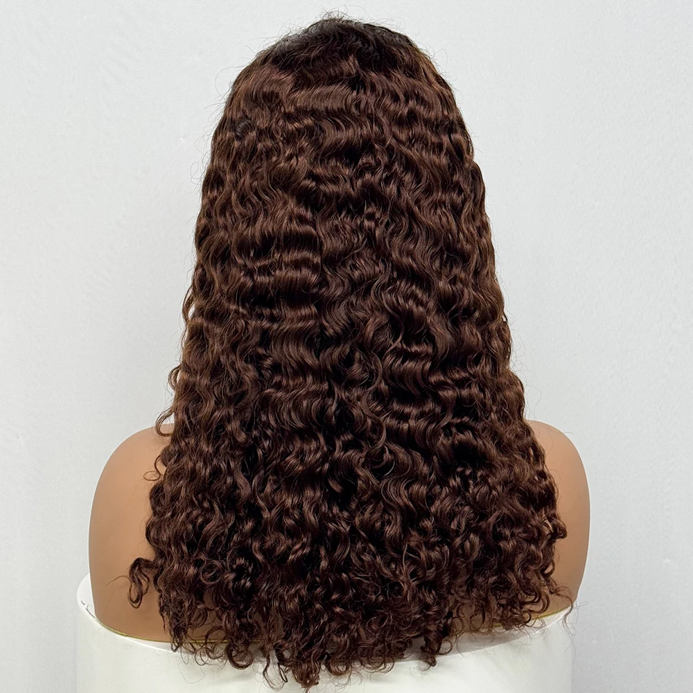250% Density 20 Inch Chocolate Brown Water Wave Curly Front Human Hair Wigs 13x4 Transparent Lace Frontal Wig 4# Brown 99J Color