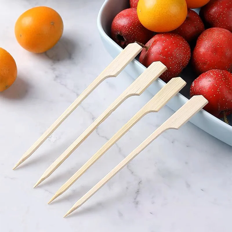 100Pcs Disposable Wood BBQ Skewers 9/12/15/18/20/25cm Barbecue Fruit Sticks Flat Paddle Picks Outdoor Party Buffet Kitchen Tools