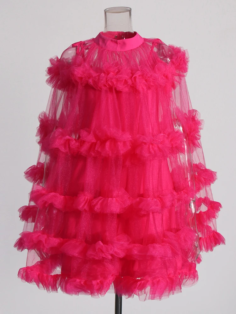 ROMISS Solid Patchwork Mesh A Line Dress For Women Stand