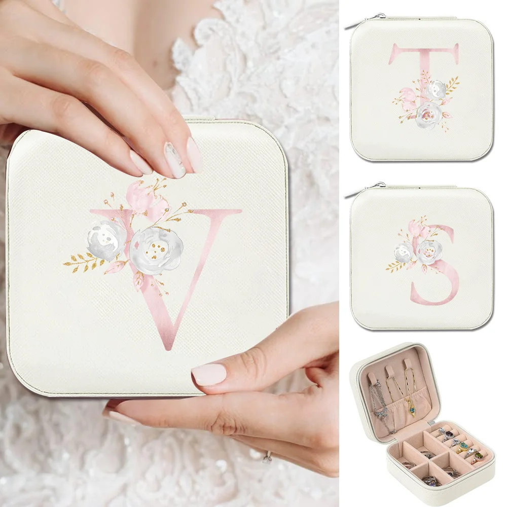 

Fashionable Women's Jewelry Storage Box Mini Jewel Boxes Minimalist PU Leather Pink Flower Serise Waterproof Organizer Case