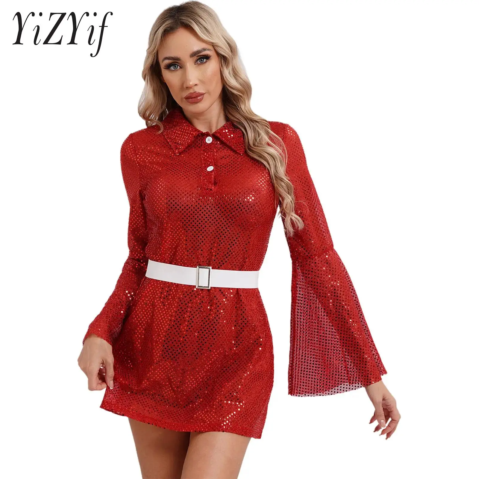 

Women Halloween Sequined Dress with Elastic Belt See-Though Turn-down Collar Flare Sleeve Mini Dress for Disco Dance Club Wear
