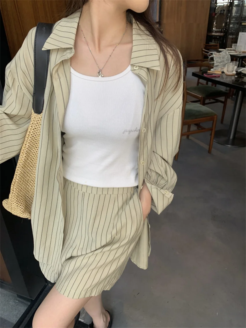 

Женский офисный костюм Alien Kitty, повседневный комплект из двух предметов, шикарная Осенняя модная Свободная рубашка в полоску, короткие костюмы в офисном стиле с широкими штанинами