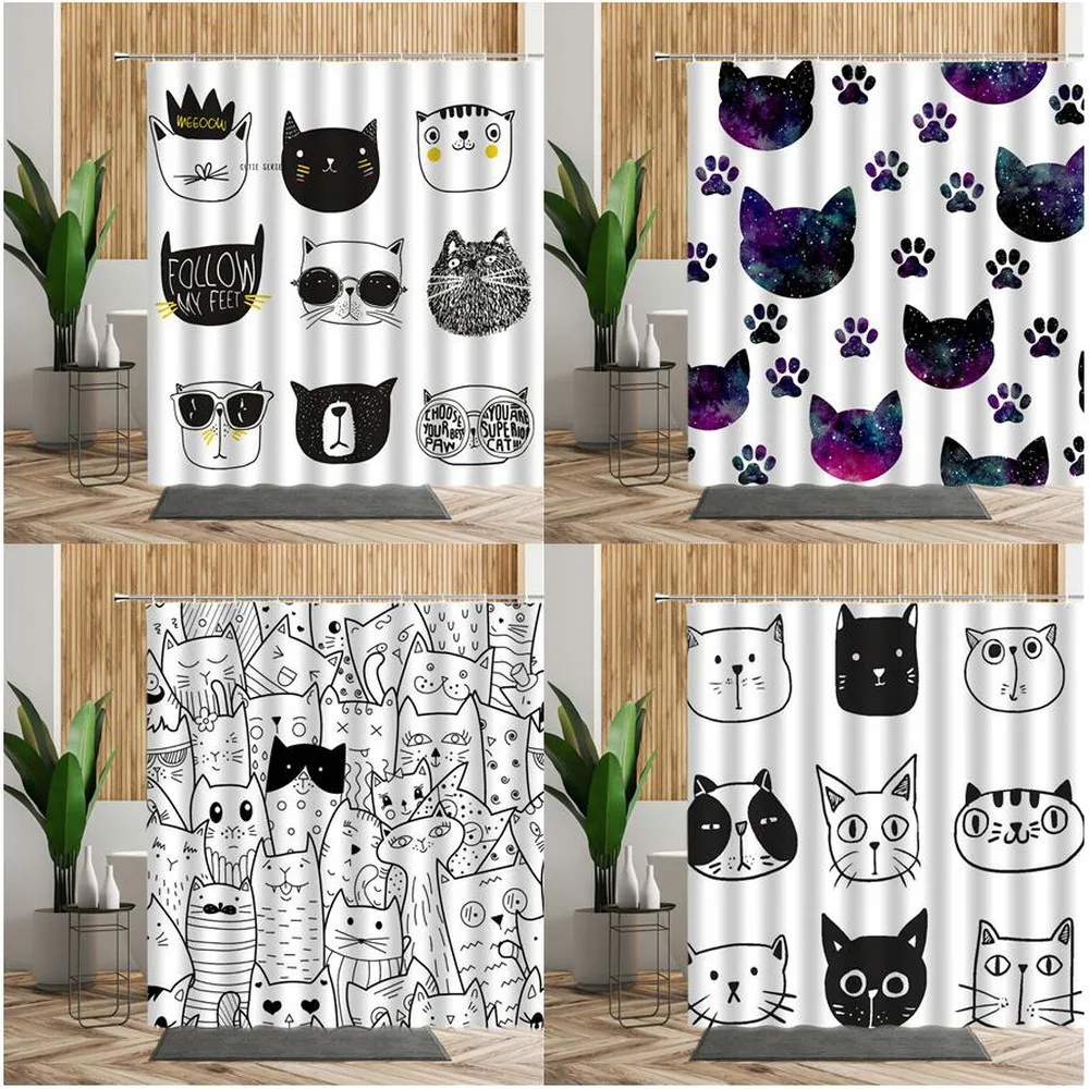 

3D Cartoons Black White Cat Bathroom Waterproof Shower Curtain Simple Footprint Bathroom Curtains Set Bathtub Screen With Hooks
