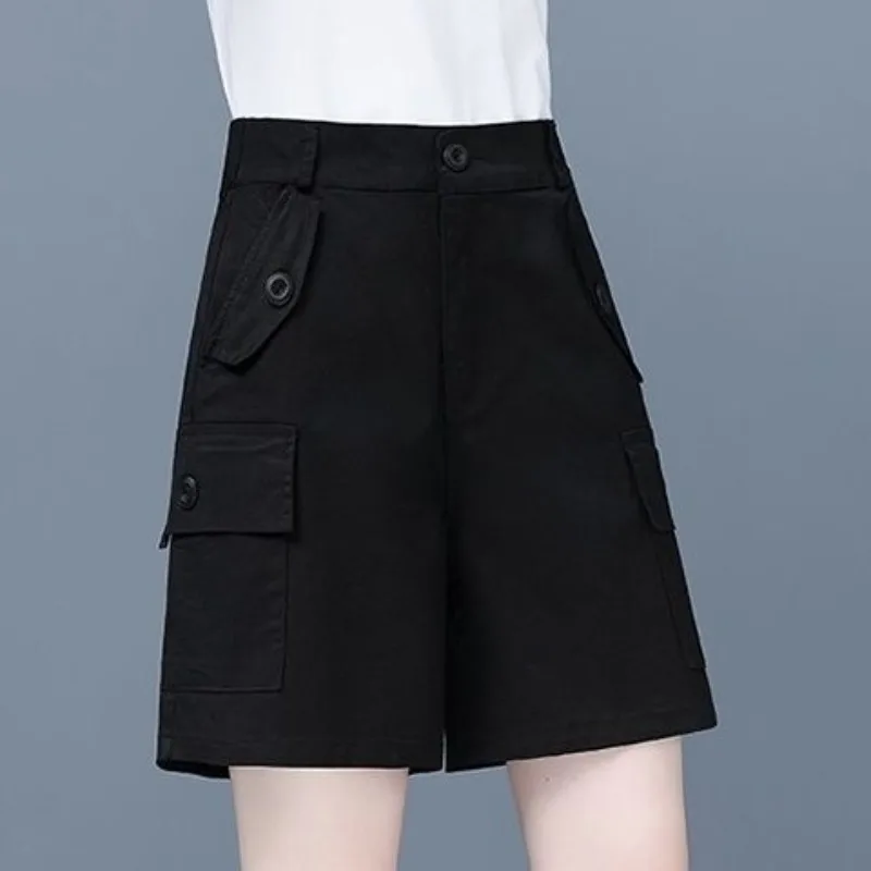 2024 Women's Summer New Patchwork Button Zipper Pocket Fashion Solid Color Fashion Office Lady Loose All Match Casual Shorts