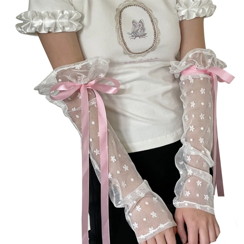 

Женские кружевные перчатки с милой лентой, солнцезащитные кружевные рукава, декоративные перчатки для девочек, крутые перчатки с