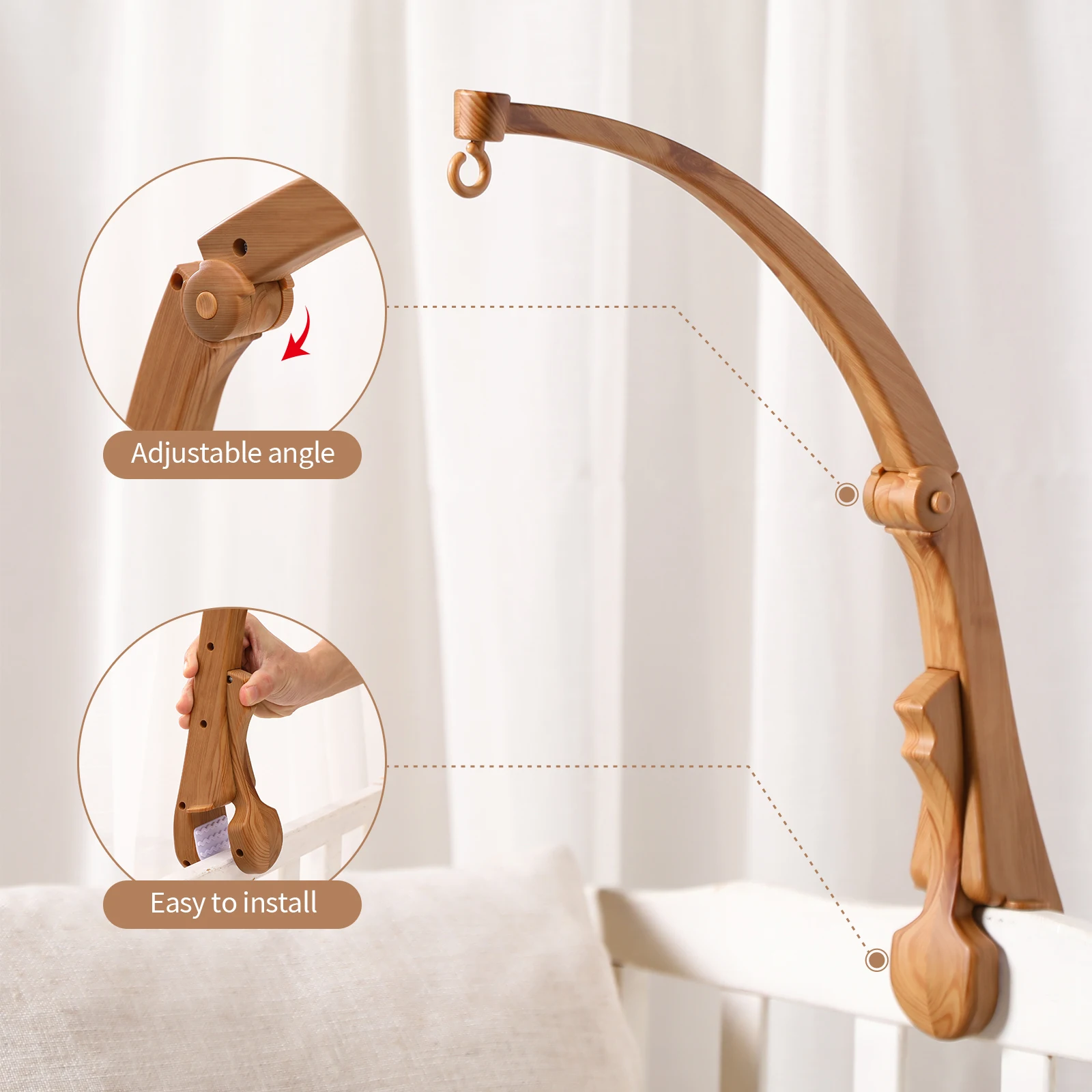 DIY Baby Crib Bed Bell Holder Arm Toy Imitation Wood Grain Infant Bed Decoration Toys Rotating Music Box Nut Screw Arm Bracket