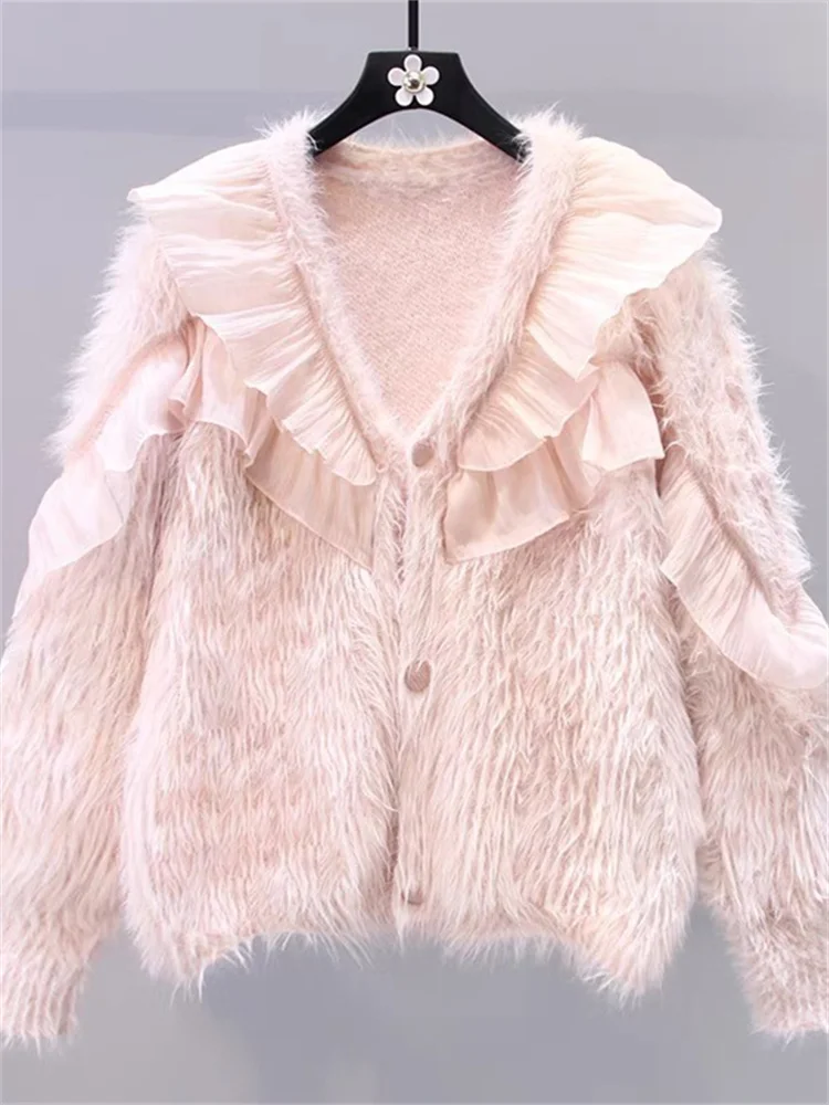 

Hsa Autumn Winter Lace Patchwork Cardigan Women Korean Sweet Knitting Sweater Coat Female V-neck Casual All Match Knitted Coats