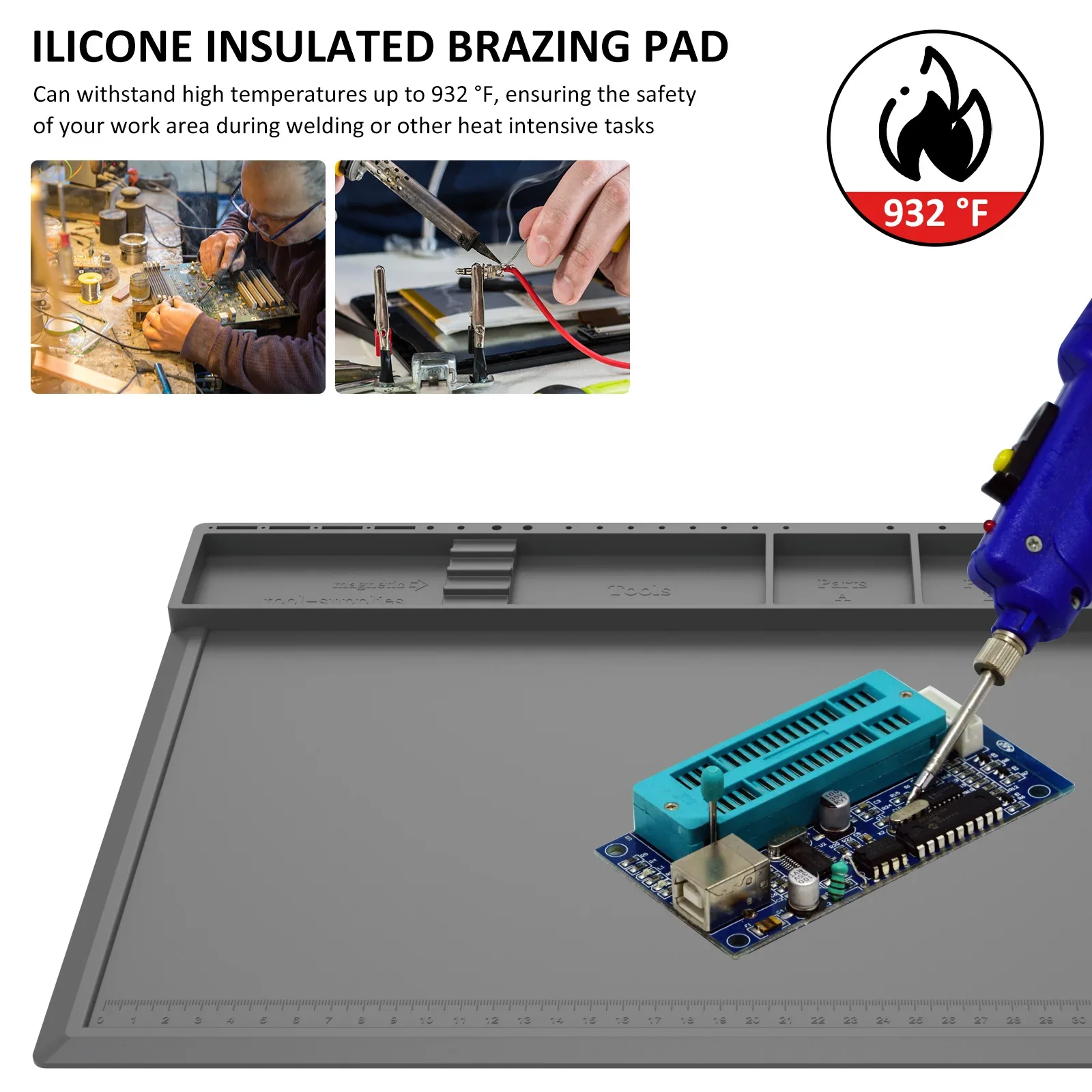 Soldering Station Mat Silicone Work Repair Pad 932&deg;F Heat-Resistant Magnetic Mat for Electronic Phone Laptop Watch Repair