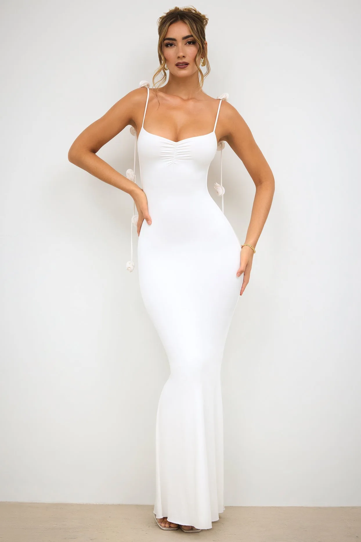 VEITCHE Summer Women Long Dresses Elegant Solid Color 3D Flower Decorated Straps Sleeveless Neck Wrap Maxi Evening Patry Dress 3