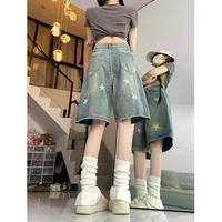 American Style Vintage Women's Short Jeans High Waisted Washed Wide Leg Denim Pants Woman Fashion Do Old Star Knee Length Shorts - Image 4