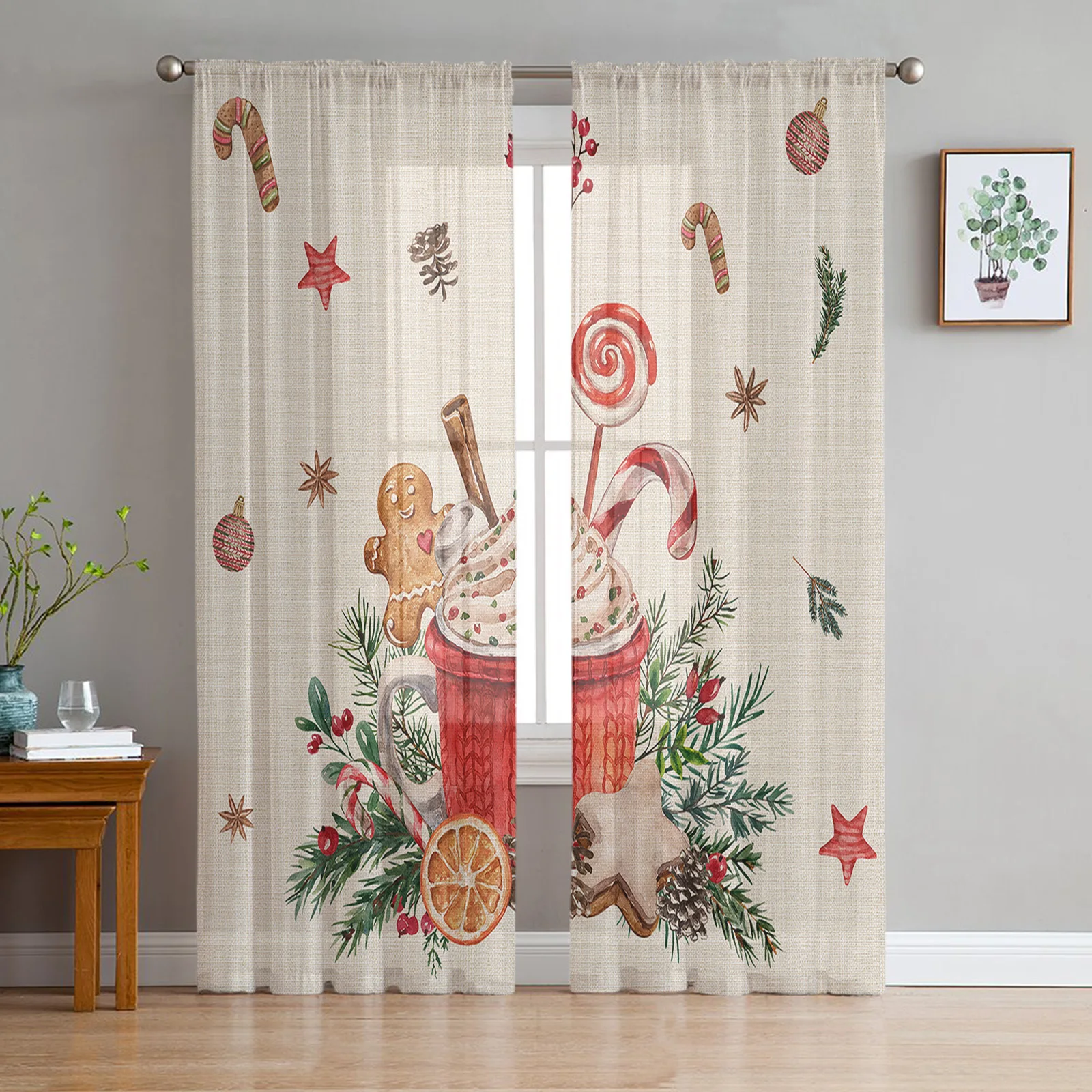 

Christmas Poinsettia Gingerbread Man Tulle Curtain for Living Room Bedroom Christmas Decoration Window Voiles Tulle Curtain