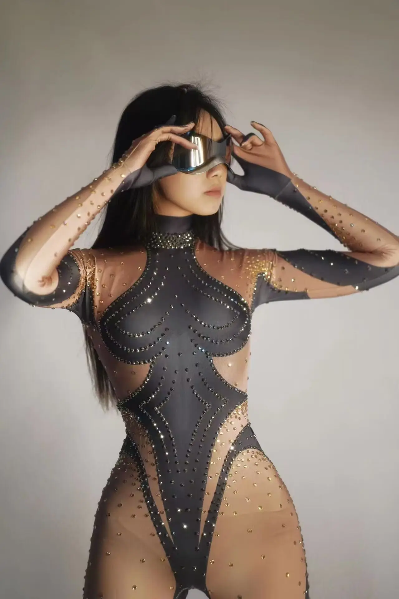 Women Crystals Bodysuit Sexy Romper Evening Wedding Celebrate Rhinestones Jumpsuit Performance Costume