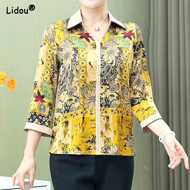 2023 New Women's Clothing Straight Comfortable Printing Turn-down Collar Loose Short Sleeve Button Dignified Summer Thin Blouses