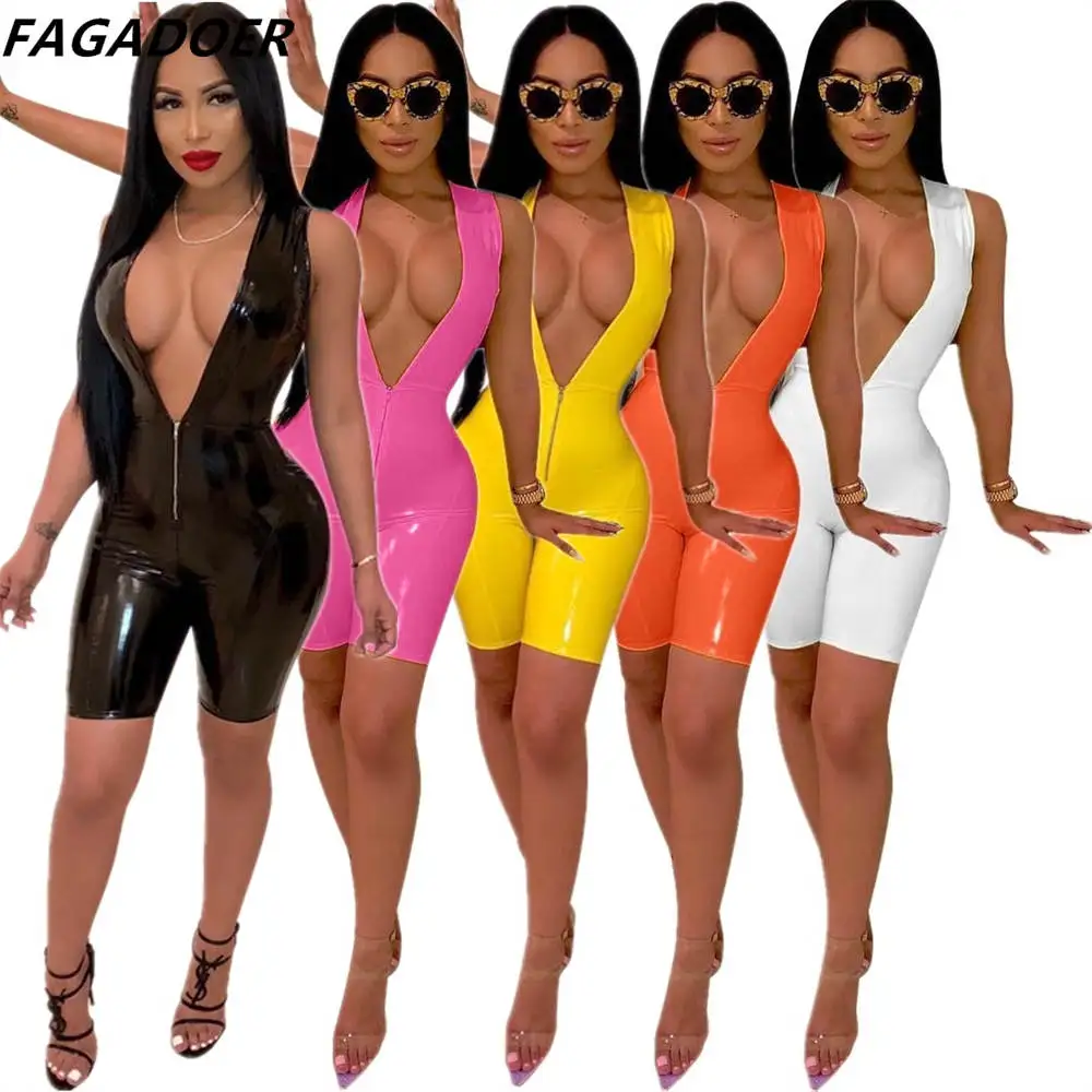 FAGADOER Sexy Bodycon PU Rompers Women Zipper Patent Leather Jumpsuit Summer Solid Sleeveless Shorts One Piece Playsuit Clubwear