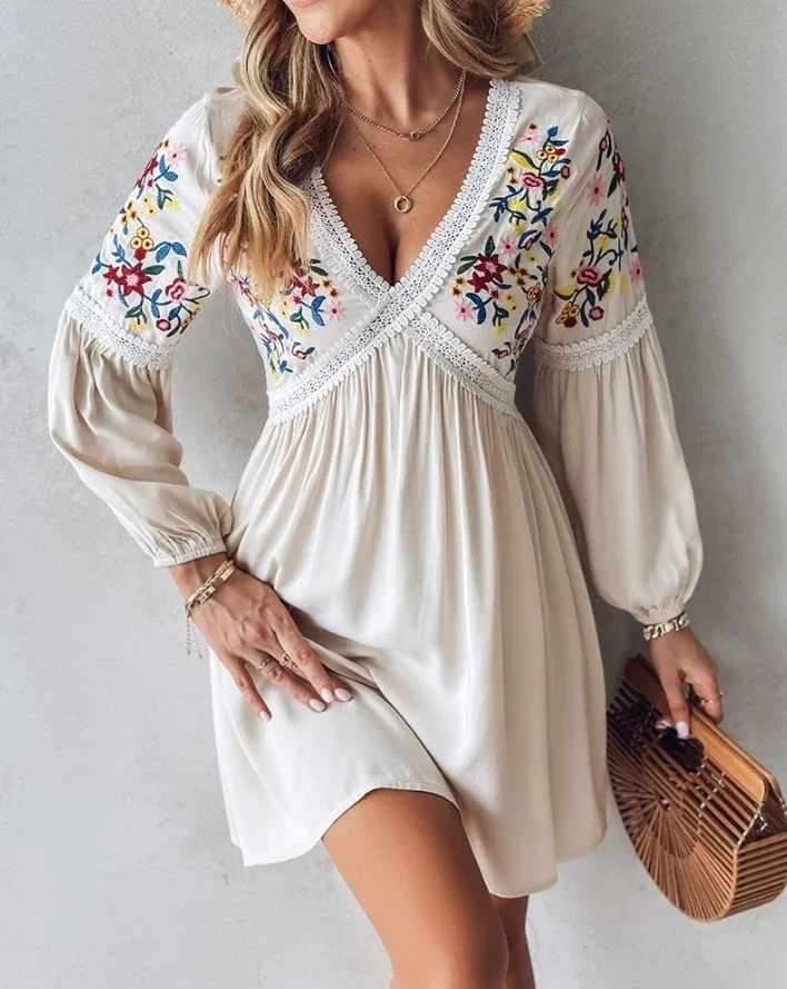 

Womens Dresses 2024 Summer Fashion Ditsy Floral Embroidery Lace Patch Casual Vacation V-Neck A Line Mini Dress