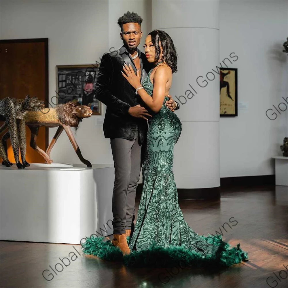 Green Halter Long Prom Dresses Black Girls 2024 Feathers Sequin