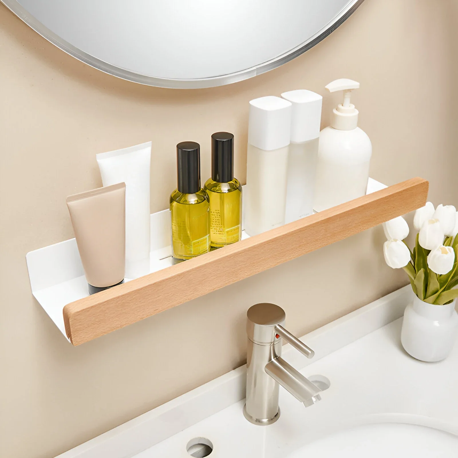 Beech wood bathroom storage rack wall mounted light luxury living room non perforated bathroom storage rack  bathroom shelf 2