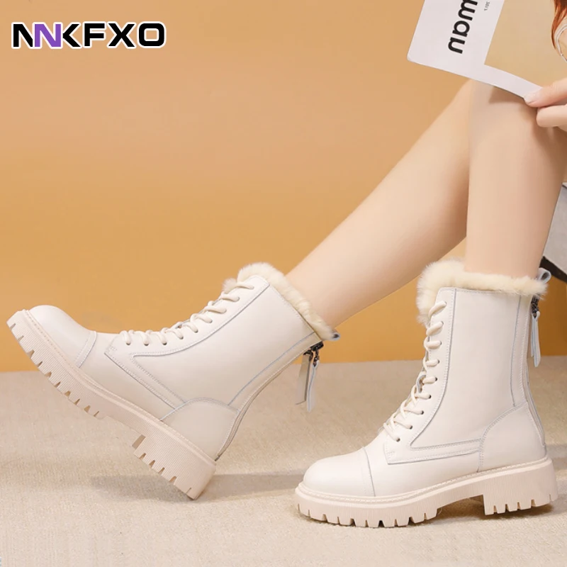 

Winter Boots Women Shoes Black Leather Boots Fur Ankle Booties Velvet Plush Warm Platform Shoes Fashion Designer Botas vc5178