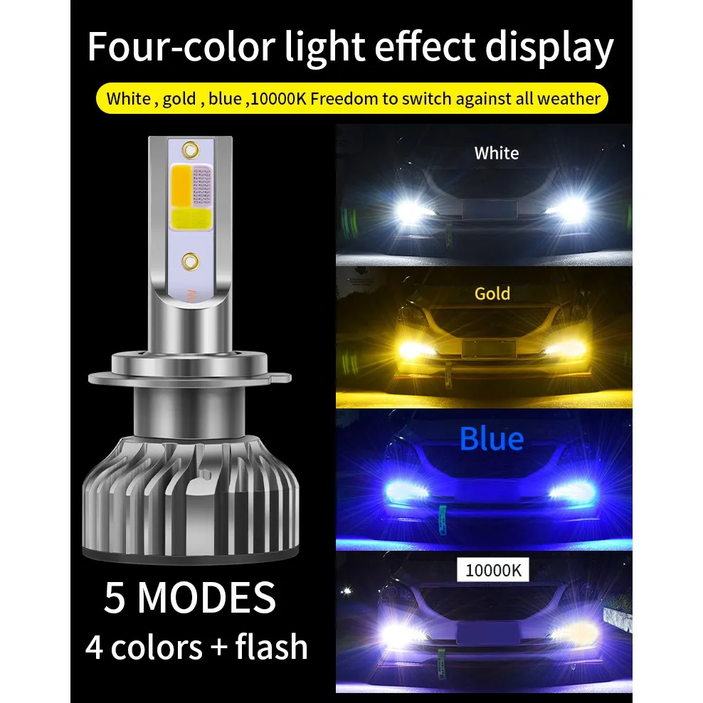 1 Pair Four Colors+Flash LED Car Headlight 10000LM Auto LED H4 H1 H3 H7 H8 H9 H11 H16 9005 HB3 9006 9012 HB4 3000K 6000K 10000K
