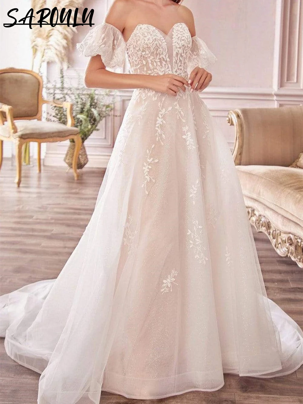 

Женское свадебное платье с открытыми плечами, Кружевная аппликация, а-силуэт, с расклешенными рукавами