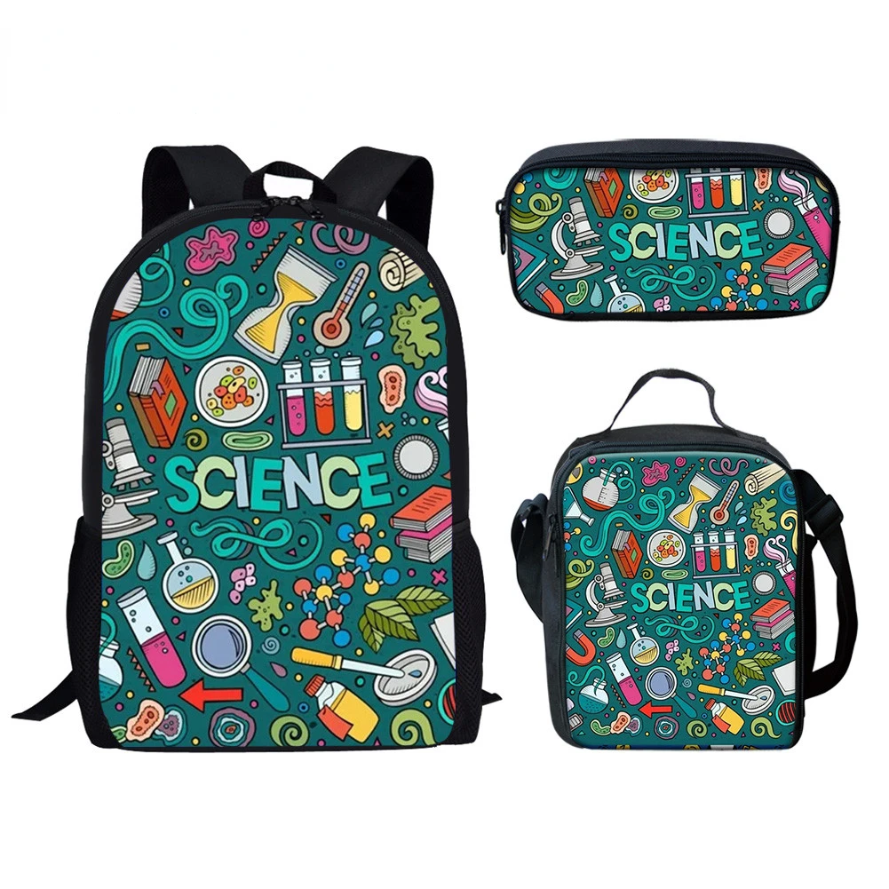 Creative Funny Experiment Print 3Pcs/Set School Bag with Lunch Bag Pencil Bag Teenager Girls Boys Student Campus Casual Backpack
