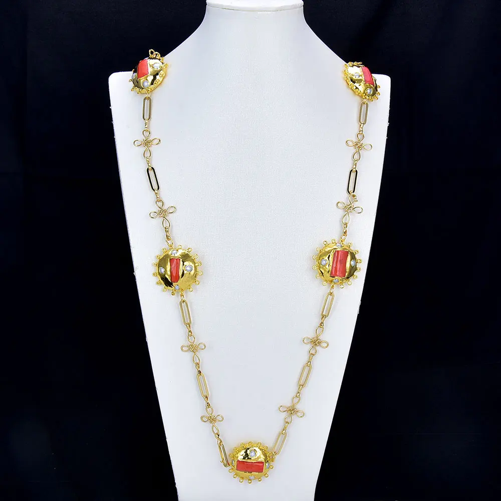 

GG Jewelry White Pearl Orange Coral Gold Plated Sun Flower Chain Long Station Necklace Sweater chain Handmade For Women