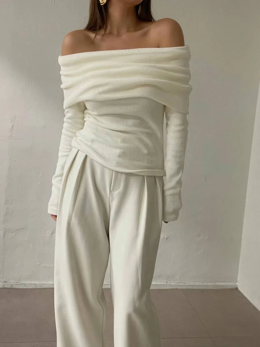 Sweater Knit Pullover Backless Women Slim Bandeau Solid Cropped Top Streetwear Off-Shoulder Elegant Autumn Knitwear Top