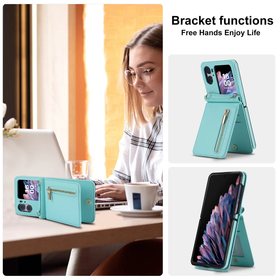 Zipper Wallet Purse Crossbody Case For OPPO Find N2 Flip N3Flip Shoulder Strap Lanyard Neckstrap Cards Solt Holder Pocket Cover