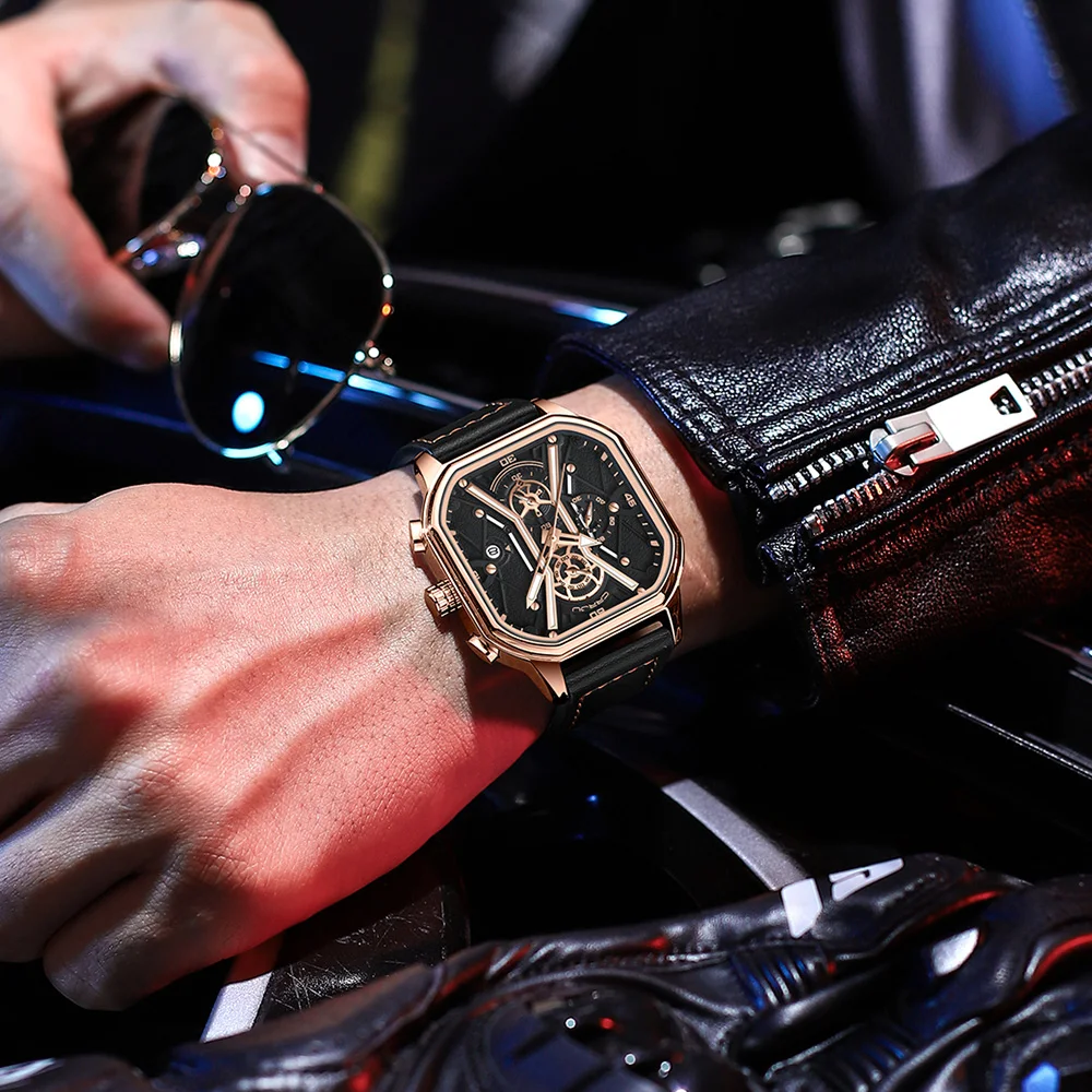 CRRJU Men's Chronograph Waterproof Sports Watch Top Brand Luxury Leather Wristwatch Reloj Hombre