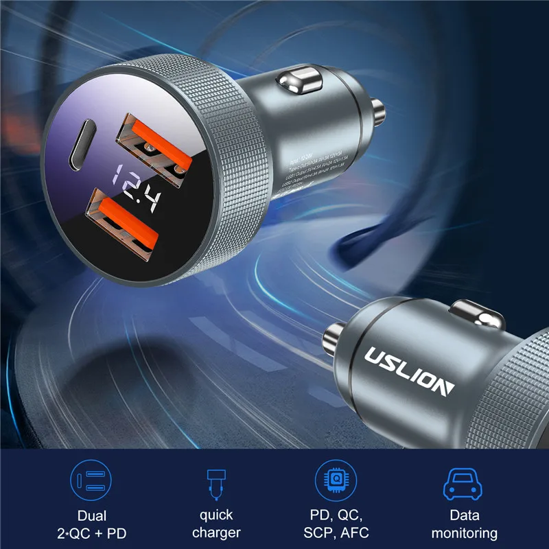 USLION USB Car Charger QC 3.0 80W 5A Type C PD+QC Fast Charging Car Phone Charger Adapter For iPhone Xiaomi Samsung Mobile Phone