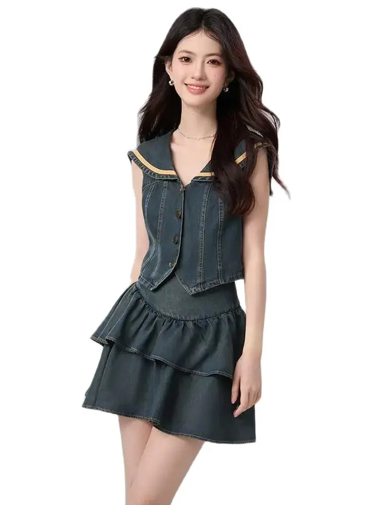 Denim Skirt Suit The Is Light And Luxurious Paired With A Navy Collar Sleeveless Vest Cake Skirt And A Summer Dress For Women