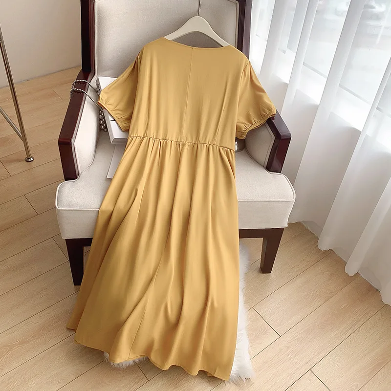 여성용 플러스 사이즈 바스트 150, 루즈 스퀘어 넥 드레스, 노란색 5XL 6XL 7XL 8XL 9XL, 150Kg, 여름