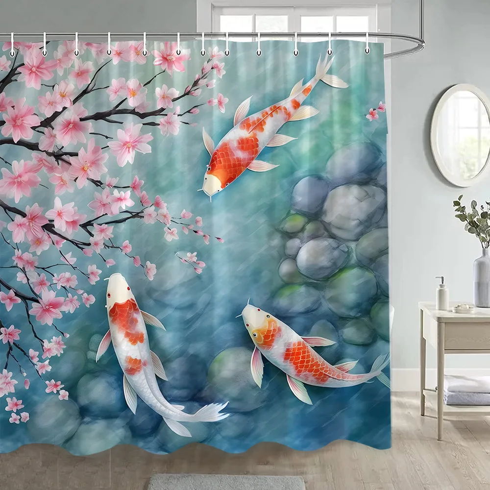 

Pond Flowers Koi Shower Curtains Cherry Blossom Carp Fish Stones Japanese Style Polyester Fabric Bathroom Decoration with Hooks