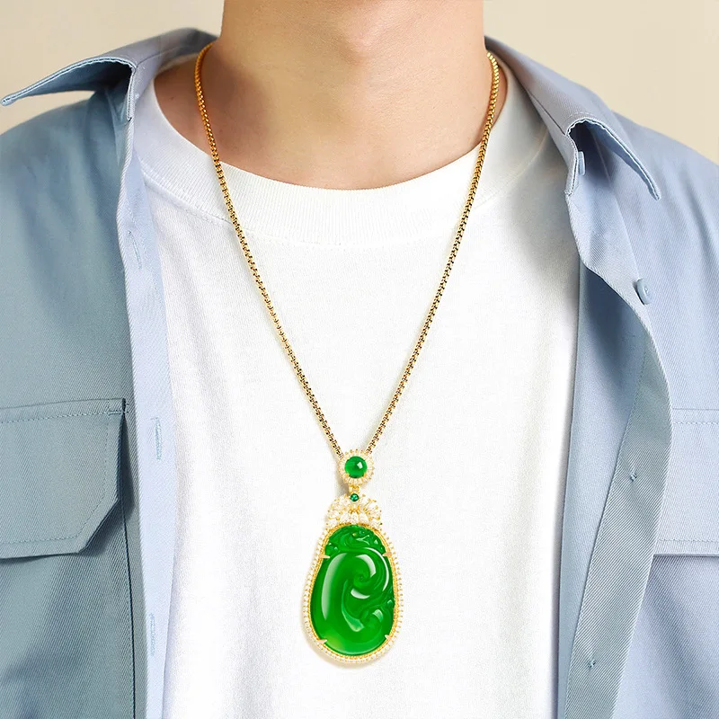 Authentic Natural Green Agate Ruyi Copper Plated Gold Inlaid Pendant For Women's Gifts Charms Fashion Jewelry Drop Shipping