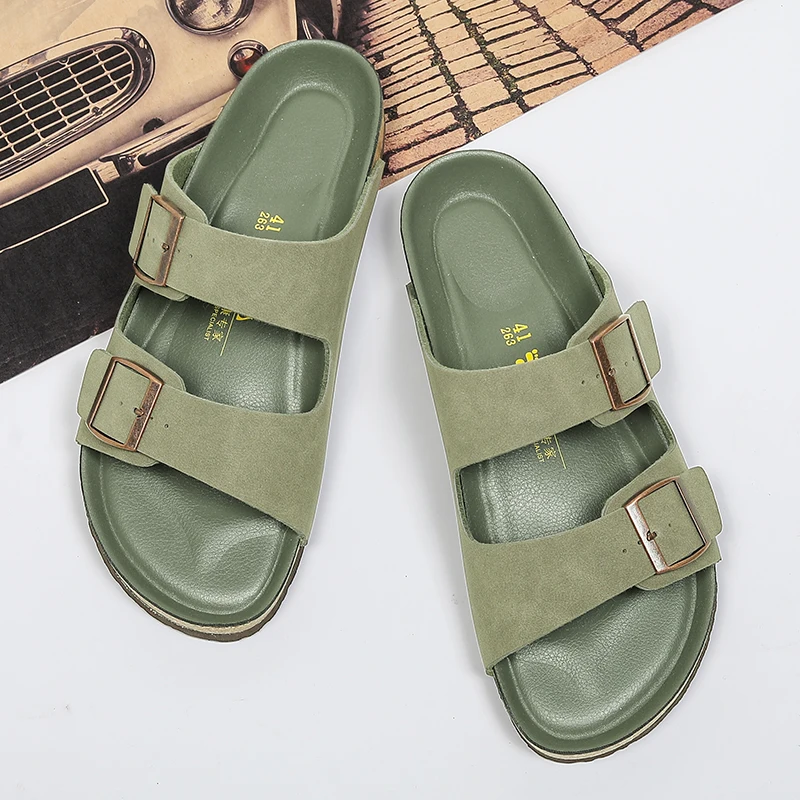 Leather Slipper Same Gender Design Summer Comfort Hotel Beach Sandals Slip on Light Flats Male Trends Double Buckle Slippers