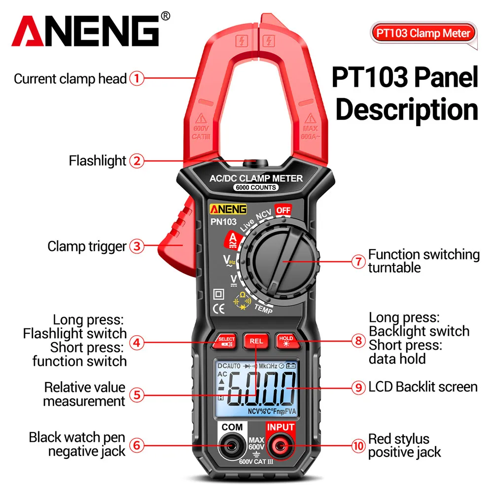 ANENG PN103 AC/DC Current Clamp Meter digital multimeter 600A Voltage Tester 6000 Counts Hz Capacitance NCV Ohm Diode Testers
