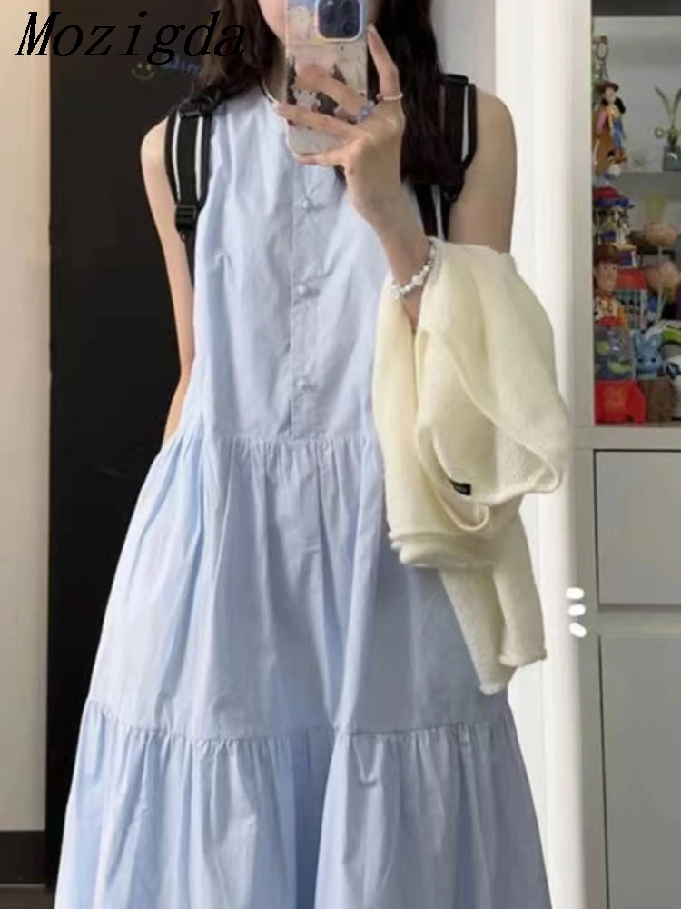 

Summer Blue Sleeveless Shirt Dress Women French Round Neck High Waist Mid Length Holiday Ladies Dresses Female Clothes Vestidos