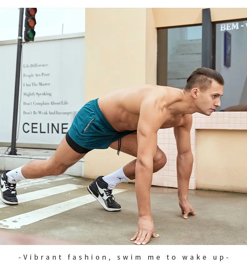 Swimming Shorts Pant Double Layer Anti-Awkward Loose Quick Dry Breathable Men's Gear Beach Trunks Swimming Goggles Zipper Pocket