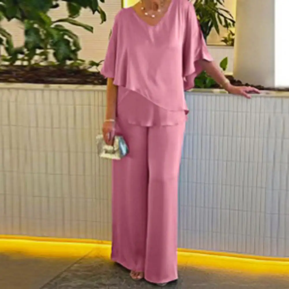 Mother Spring Suit Elegant Women's V Neck Bat Sleeve Top Wide Leg Pants Set Breathable Summer Spring Mother T-shirt Trousers