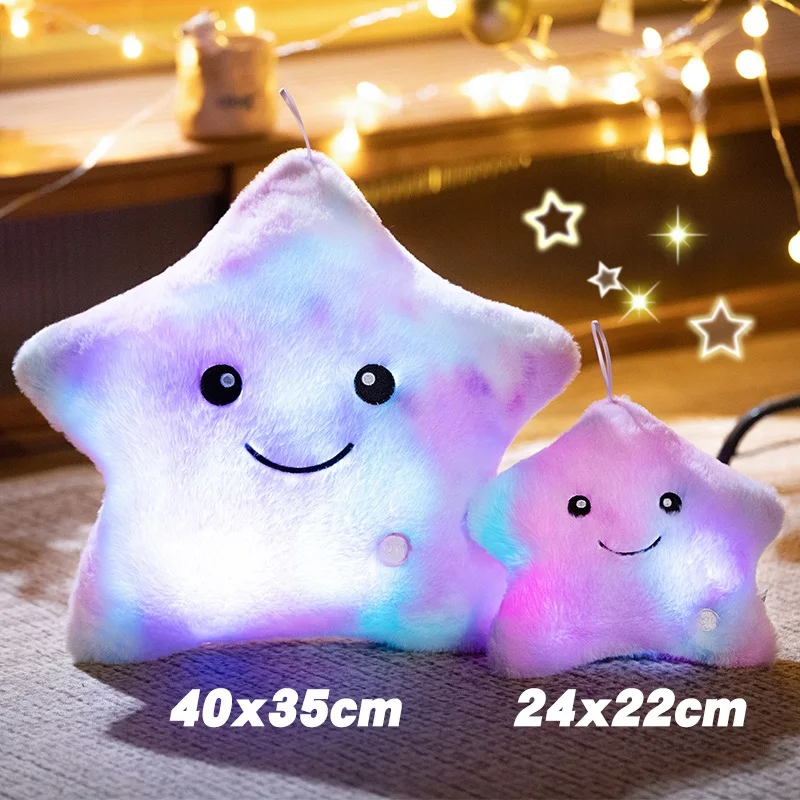 24x22/40x35cm Glowing Star Plush Pillow Stuffed Smiling Face Soft Purple Blue Green Yellow Overnight Plushie Friend Gift 4