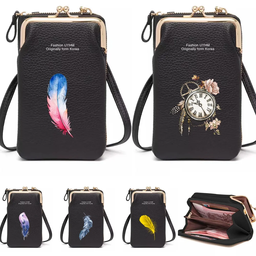 Mobile Phone Shoulder Bags Women Messenger Bag Small Leather Crossbody Wallet Ladies Card Holder Coin Purse Feather Series Print