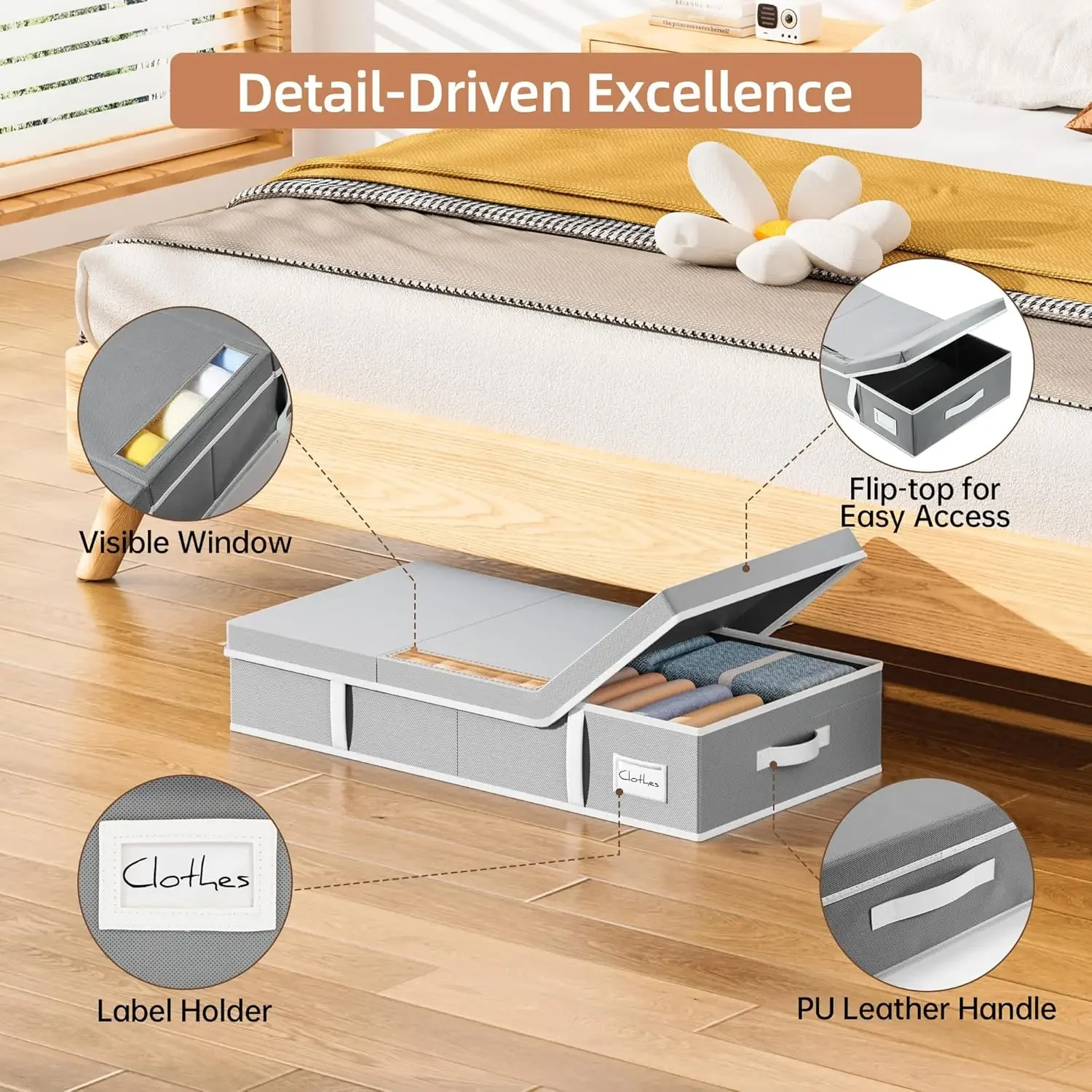 Foldable Under Bed Storage Bins with Lid, Under Bed Shoe Storage with Clear Window & PU Leather 4