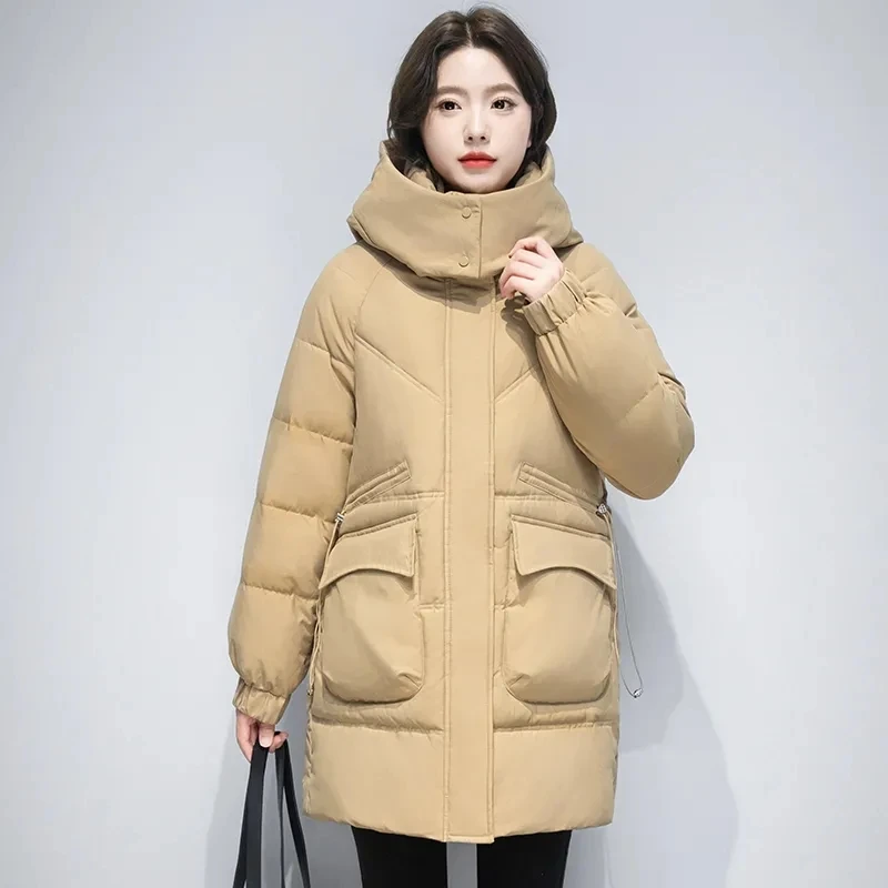 

2023 Middle Length Cotton Padded Jacket Winter Women Clothing Thicken Warm Down Coat Solid Pockets Parka Clothes Ropa De Mujer