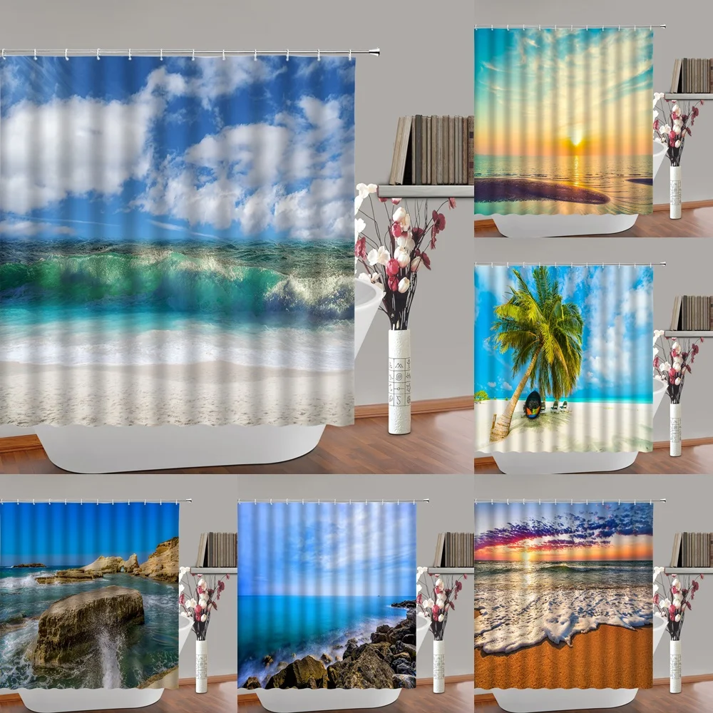 

Ocean Beach Nature Scene Shower Curtain for Bathroom Sunrise Sunset Coastal Hawaiian Summer Sea Wave Island Fabric Bath Curtains