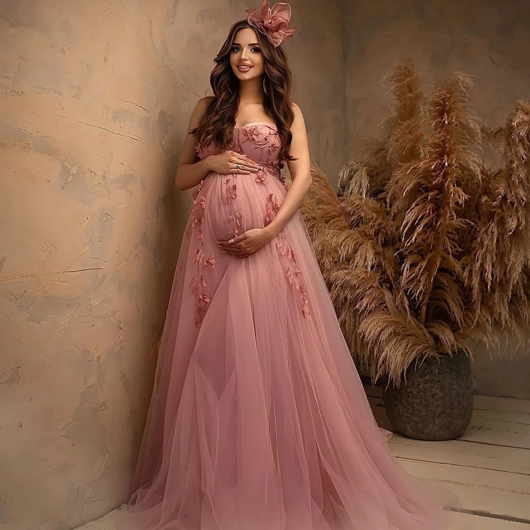 

Princess PInk Prom Gowns Illusion Lace Appliqued Maternity Dresses for Photoshoot Dressing Pregnant Women Babyshower Robes