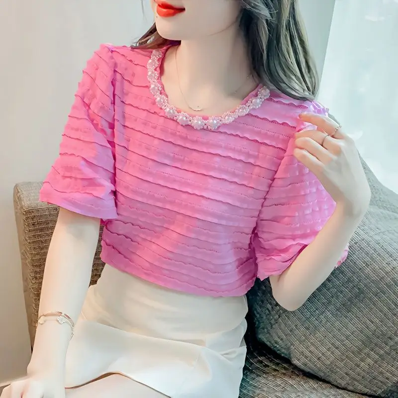 

Fashion Solid Color Ruffles Puff Sleeve Beading Blouses Women's Clothing 2024 Summer New Loose Korean Tops Office Lady Shirts