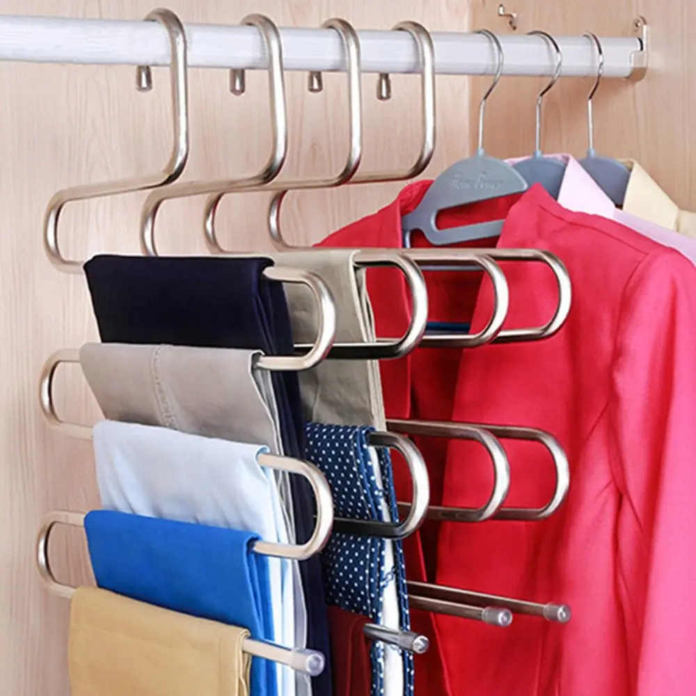 5pcs Stainless Steel Pants Rack Five-Layer Anti Slip Storage Rack Multi-Functional S-shaped Design Multi-Layer Hanger