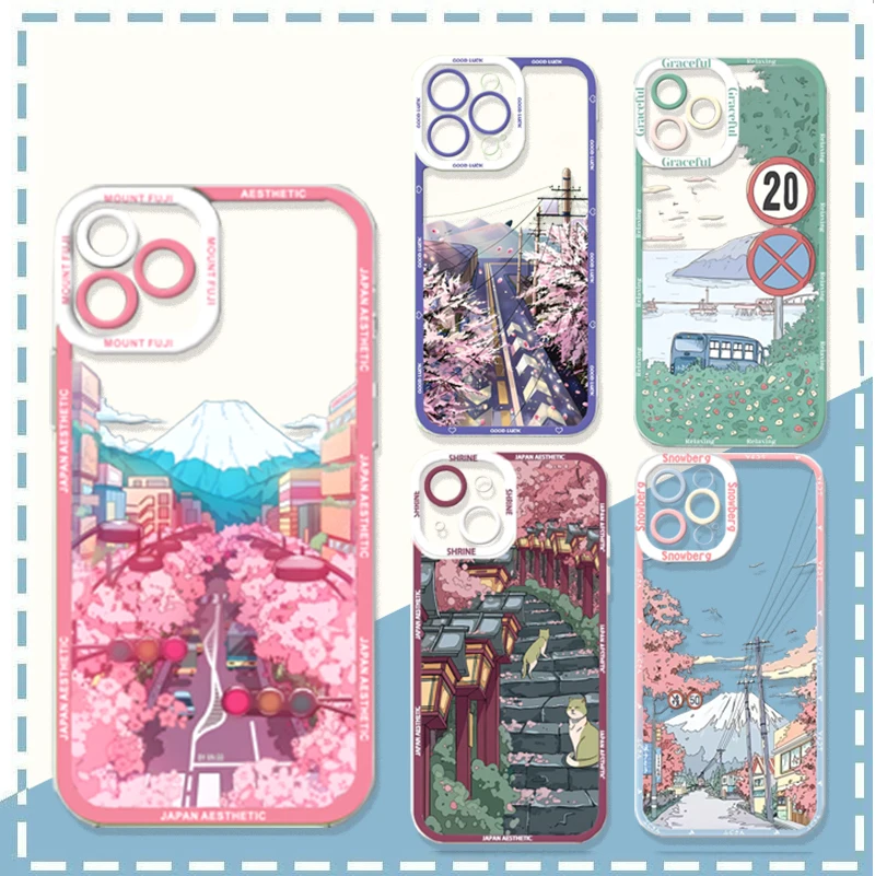 Soft Anime Scenery Sakura Street Silicone Transparent Phone Case
