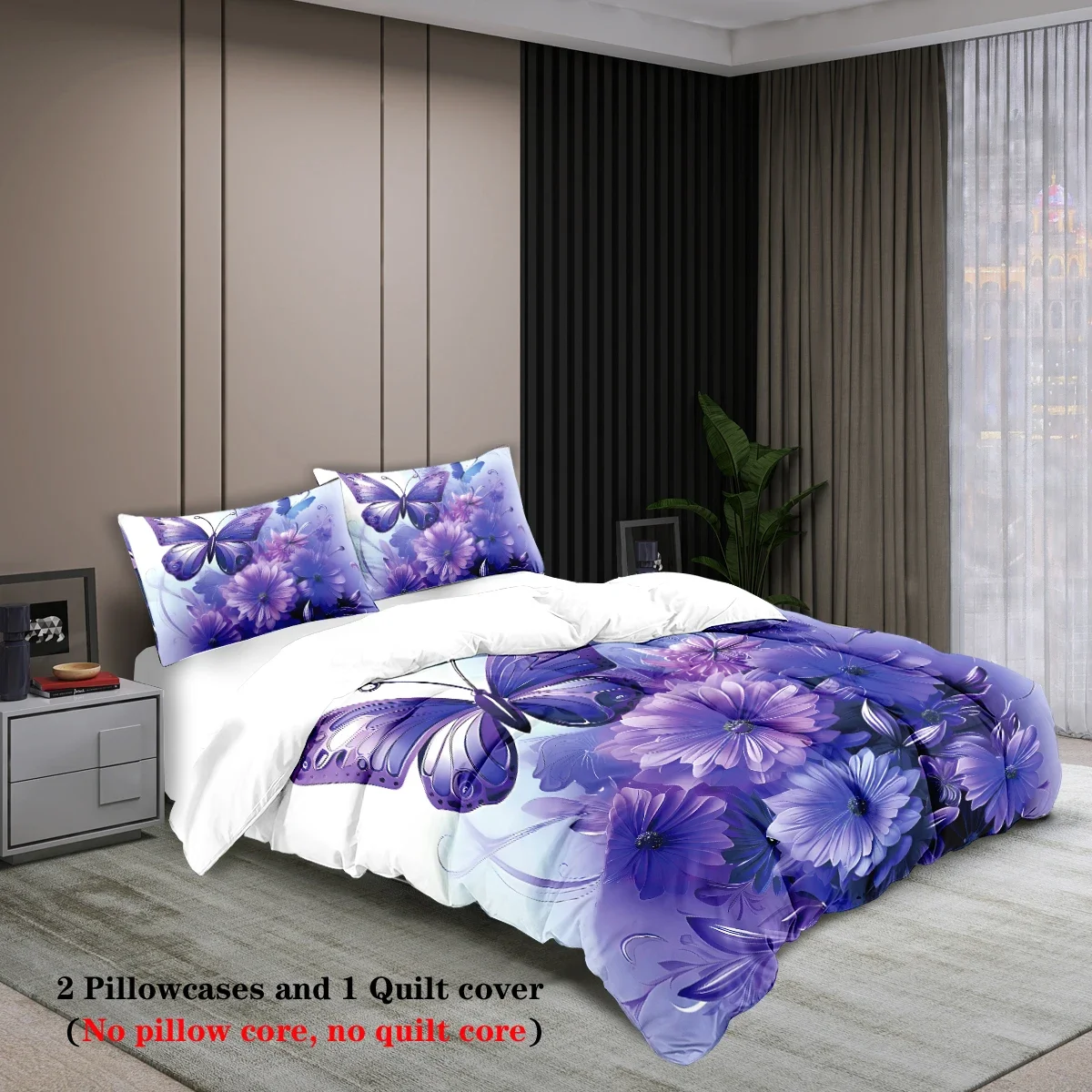 3pcs fashionable purple butterfly printed bedding set, soft and comfortable, for women bedroom, queen, king and twin bed