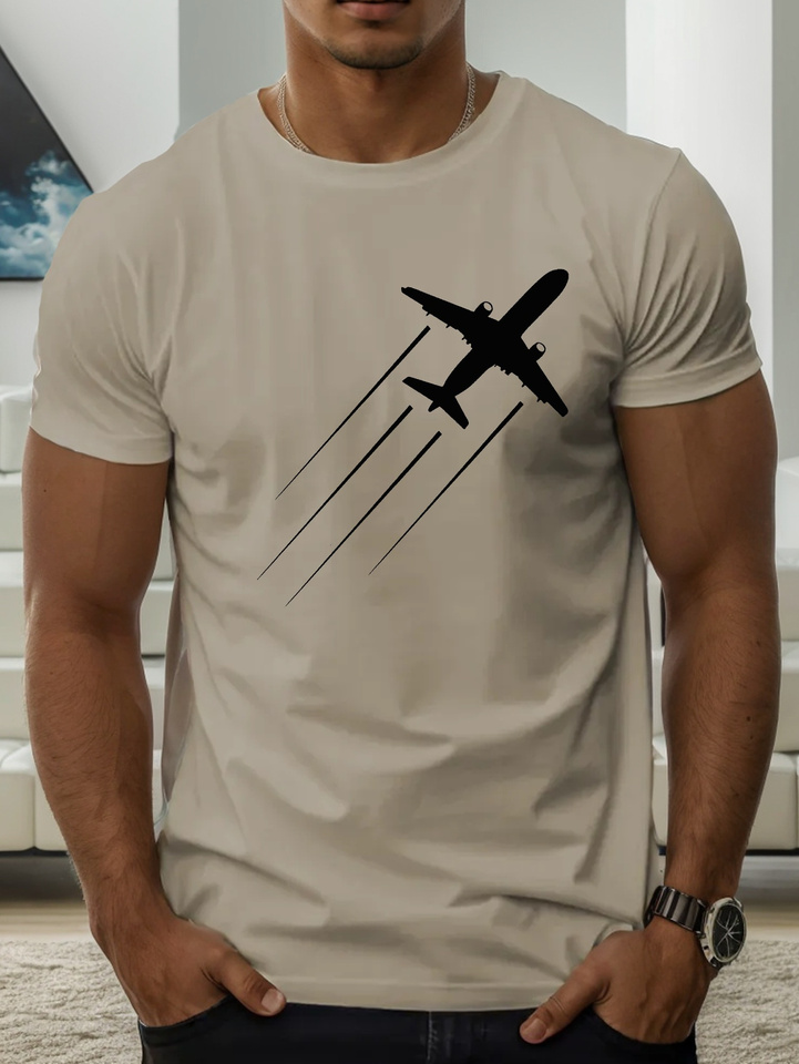 Men's summer 100 pure cotton fashionable casual sports loose airplane pattern printed round neck short sleeved T-shirt top